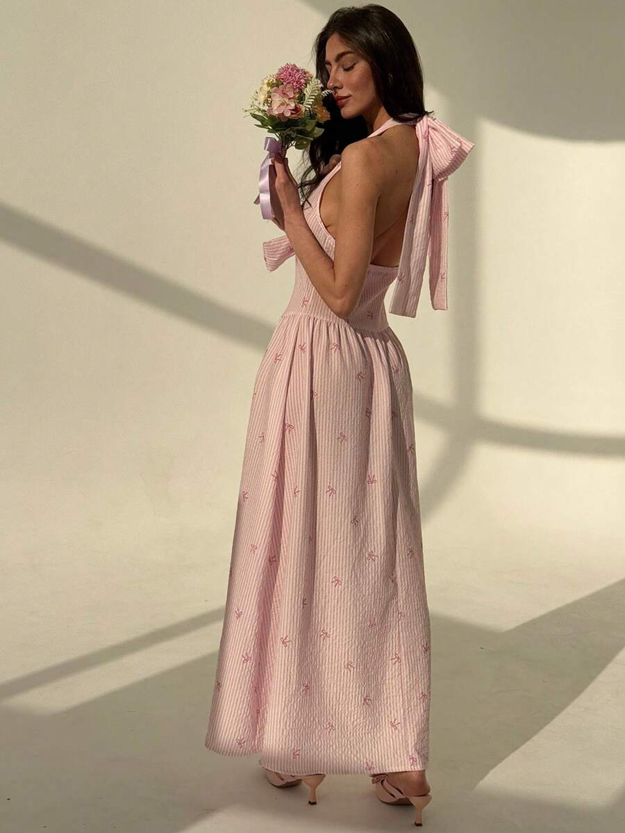 Aloruh Vestido ajustado con cuello de halter, escote en V profundo, decoración de lazo dulce, estampado de rayas rosas y mariposas