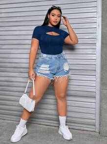 SHEIN EZwear 加大码圆领前开襟紧身胸衣黑色 T 恤 - 藏蓝色 - 查看 3