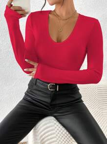 INAWLY Casual Versatile Solid Color Slim Fit Long Sleeve T-Shirt Fall Cloth For Women - Red - View 7