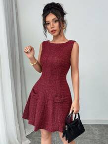 Elenzga Women Elegant Vintage Metallic Fiber Valentines Party Wine Red Tweed Waist-Cinched Peplum Hem Mini Dress