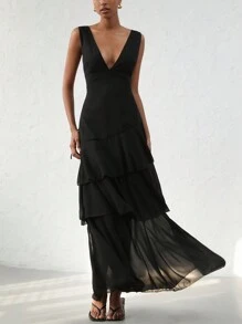 Aveloria Modichic Đầm không tay cổ chữ V sâu, eo nhún, viền bất đối xứng, dáng xòe, phong cách Pháp thanh lịch, thích hợp đi làm và nghỉ dưỡng cho nữ - màu đen - Xem 5