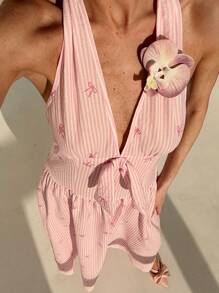 Aloruh Vestido ajustado con cuello de halter, escote en V profundo, decoración de lazo dulce, estampado de rayas rosas y mariposas
