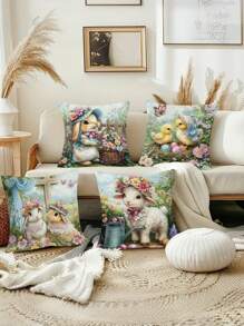 4pcs Easter Bunny & Chick Velvet Throw Pillow Covers - Whimsical Floral Sheep & Decorative Eggs Design, Soft & Comfortable With Zipper, Machine Washable - Perfect For Spring Living Room & Bedroom Decor - Pillow Inserts Not Included, Cute Throw Pillows - Multicolor - View 4