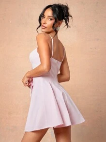 L'Amorae Summer Women Outfit, Women Clothes, Women's Elegant Pink Solid Color Front Tie Casual Slip Bustier Mini Dress, Women Dresses, Party Women Dresses, Summer Women Dresses, Elegant Women Dresses. For Date Night, Concerts, Performances, Parties, Clubs, Party, Music Festivals - Pink - View 2