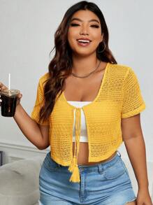 SHEIN EZwear Plus Size Women's Yellow Tie Front Crochet Knit Crop Top For Summer - Yellow - View 1