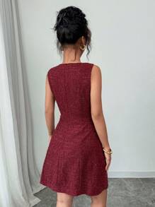 Elenzga Women Elegant Vintage Metallic Fiber Valentines Party Wine Red Tweed Waist-Cinched Peplum Hem Mini Dress