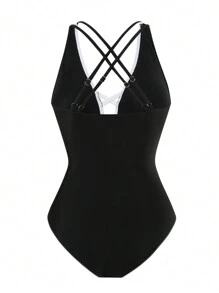SHEIN Swim 1 Stück Damen Schwarz & Weiß farblich abgesetzter Monokini Badeanzug mit Kreuzrücken Design, für Strand Urlaub im Sommer