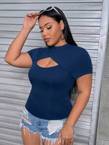 SHEIN EZwear 加大码圆领前开襟紧身胸衣黑色 T 恤 - 藏蓝色 - 查看 5