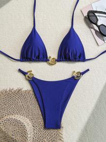 SHEIN Swim Conjunto de ropa de playa de primavera para mujer, traje de baño de unicolor de moda para vacaciones en la playa - Azul - Ver 1