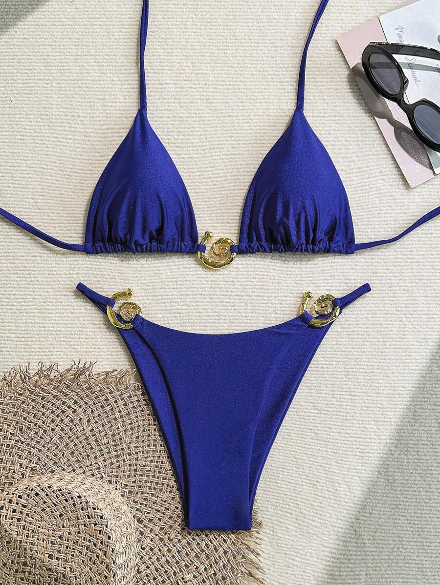 SHEIN Swim Conjunto de ropa de playa de primavera para mujer, traje de baño de unicolor de moda para vacaciones en la playa - Azul - Ver 1
