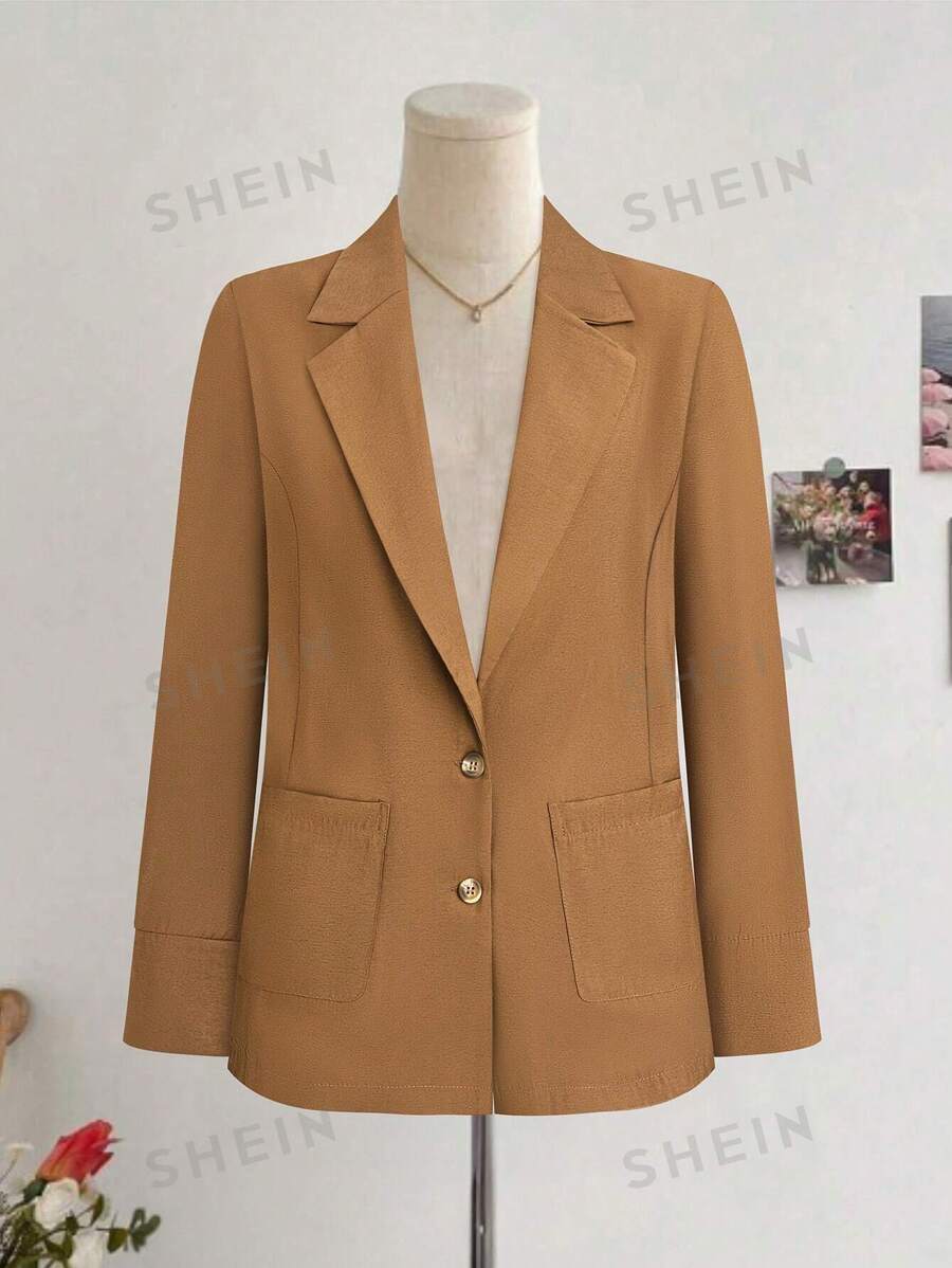 SHEIN Clasi Chaqueta informal de traje de unicolor y peso ligero para mujer - Café integral - Ver 1