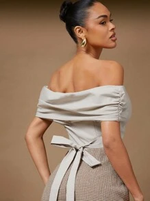 Hauture 夏季女装，性感优雅露肩灰色短款上衣，翻领，腰带环绕，后背系带，女式上衣，夏季上衣，短款上衣，外出上衣，露肩上衣，适合约会之夜、音乐会、表演、婚礼、派对、俱乐部、晚会、正式上衣 - 灰色 - 查看 1