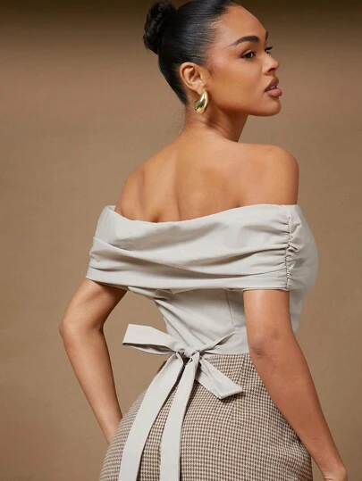 Hauture 夏季女装，性感优雅露肩灰色短款上衣，翻领，腰带环绕，后背系带，女式上衣，夏季上衣，短款上衣，外出上衣，露肩上衣，适合约会之夜、音乐会、表演、婚礼、派对、俱乐部、晚会、正式上衣