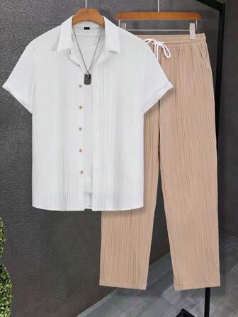 Manfinity Homme Minimalistisches, legeres Set bestehend aus Kurzarm-Hemd mit Knöpfen und Zugbund-Lange Hose