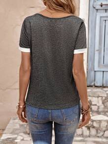 SHEIN LUNE Women's Contrast Color Draped Neck Short Sleeve Casual Loose T-Shirt