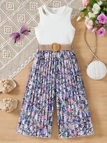 SHEIN 1set Young Girl Solid Color Sleeveless Simple Casual Top And Long Pants Set