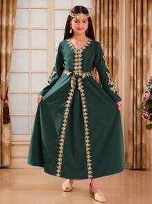 Tween Girl Patchwork Metallic Yarn Knit Dress - Green - View 1