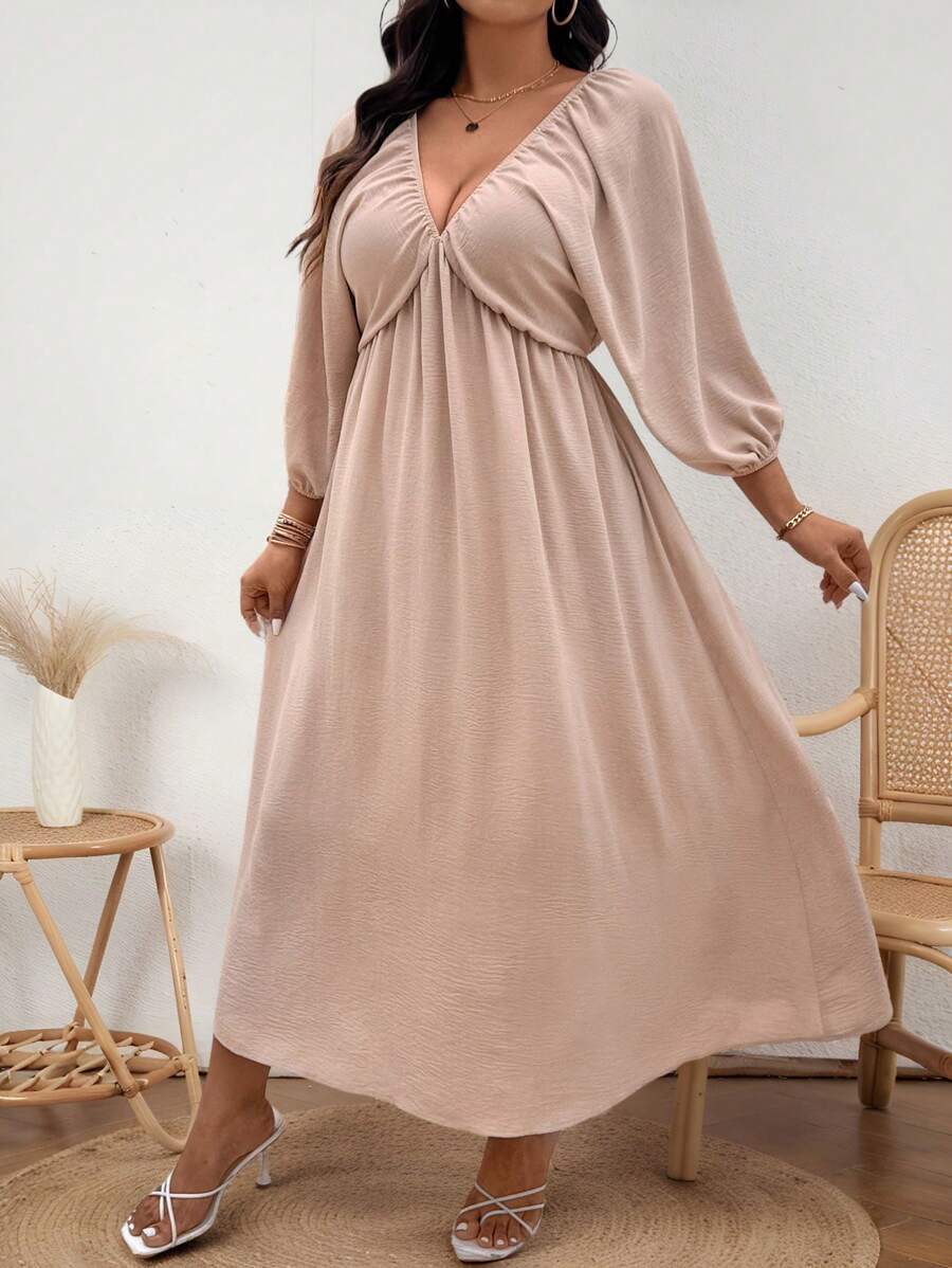 SHEIN Clasi Plus Size Solid Color Beige V-Neck Long Sleeve Pleated Simple Casual Long Dress - Dusty Pink - View 1