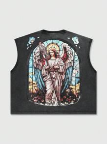 ROMWE MEN Street Life Men's Religious Washed Angel Print Crop Fit Tank Top - Black - View 1