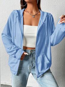 SHEIN EZwear 大码女式海军蓝百搭休闲连帽长袖卫衣，秋冬季 - 藍色 - 查看 3