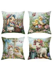 4pcs Easter Bunny & Chick Velvet Throw Pillow Covers - Whimsical Floral Sheep & Decorative Eggs Design, Soft & Comfortable With Zipper, Machine Washable - Perfect For Spring Living Room & Bedroom Decor - Pillow Inserts Not Included, Cute Throw Pillows - Multicolor - View 6
