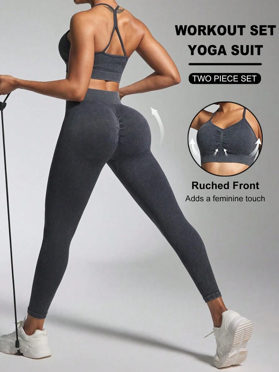 Easithlete 2pcs Seamless Yoga Set, Includes Sports Bra And Leggings, Backless And Enhancing Design - Black - View 1