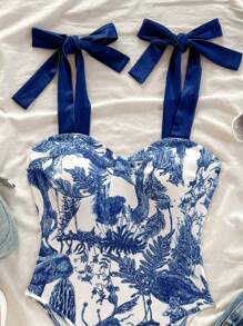 Soleia 女士休闲花卉印花紧身衣 - 藍白色 - 查看 5