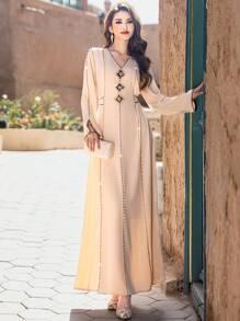 Al Najma Contrast Trim V-Neck Long Sleeve Casual Elegant Maxi Dress, Kaftan & Jalabiya, Luxury Evening Dresses For Women,Modest