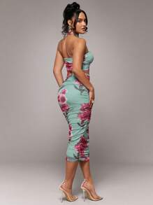 Silquee 早春优雅绿色花卉浪漫印花，浪漫情人节和约会之夜灰绿色和浅红色弹力网眼2件套，迷人女士紧身褶皱紧身2件套，情人节2件套，派对2件套，浪漫约会2件套，伴娘迷你连衣裙2件套，舞会礼服2件套，工作日2件套，节日2件套