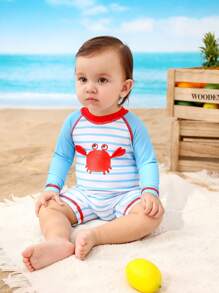 Baby Boy Striped Crab Print Rash Guard And Shorts Set - Multicolor - View 6