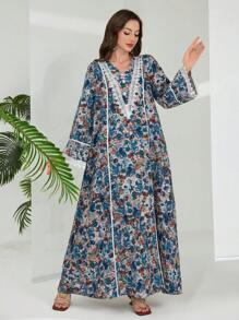 Al Najma 女式拼色喇叭袖 V 领连衣裙，带蕾丝花边，适合秋冬季，波西米亚风格阿拉伯连衣裙，适合日常休闲 - 水鴨藍 - 查看 4