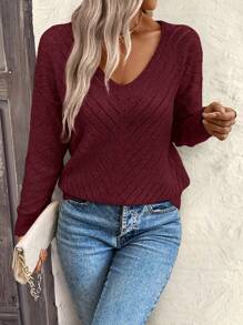 EMERY ROSE Women's Loose Casual V-Neck Hollow Geometric Textured Sweater Knit Pullover Fall Winter Outfit