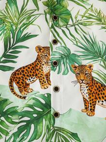 SHEIN 1pc Baby Boy Summer Short Sleeve Tropical Green Plant & Leopard Print Regular Fit Romper, Suitable For Vacation, Outdoor Everyday Wear, Beach Baby Romper, Baby Bodysuit, Infant Baby Clothes,Kid Clothes,Toddler Clothes, Baby Outfit, 6M-3T