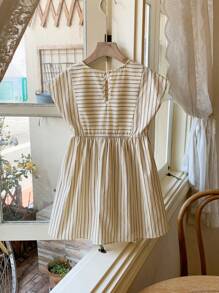 SHEIN 年轻女孩优雅法式棕褐色条纹编织圆领连衣裙，春夏 - 彩色 - 查看 2