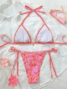 SHEIN Swim Springbreak Women's Summer Random Ditsy Floral Spaghetti Strap Ruffled Sexy Bikini Set - Multicolor - View 2