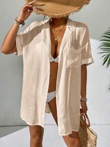 Swim Lushoire 女款短袖亞麻和服式罩衫，白色夏季波希米亞度假海灘襯衫，優雅純色鈕扣開襟休閒度假衫 - 杏色 - 查看 1