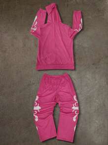 Manfinity Dauomo Men's Front Zip Long Sleeve Hoodie And Pants Casual Suit Sets - Hot Pink - View 2