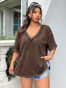 SHEIN EZwear 加大码酸洗外观复古针织做旧宽松短袖 T 恤 - 咖啡棕 - 查看 7