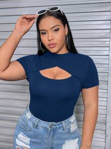 SHEIN EZwear 加大码圆领前开襟紧身胸衣黑色 T 恤 - 藏蓝色 - 查看 4