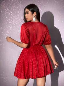 Viva Relle Plus Size Women's Solid Color Deep V Neck Puff Sleeve Mini Dress