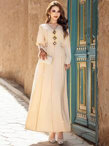 Al Najma Contrast Trim V-Neck Long Sleeve Casual Elegant Maxi Dress, Kaftan & Jalabiya, Luxury Evening Dresses For Women,Modest