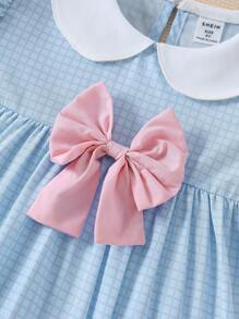 Souflis Souflis Rochie Vintage Tesuta In carouri Fete Cu Guler, Decorat Fundita Pulover Maneca Scurta Tinuta Eleganta De Vara