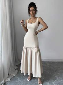 Rafferiza Scoop Neck Sleeveless Ruched Waist Slim Apricot Patchwork Elegant Maxi Dress