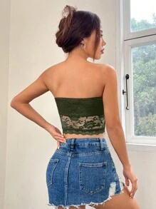 SHEIN EZwear 蕾丝抹胸上衣，简约时尚，适合日常休闲穿着 - 軍綠色 - 查看 2