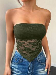 SHEIN EZwear 蕾丝抹胸上衣，简约时尚，适合日常休闲穿着 - 軍綠色 - 查看 3