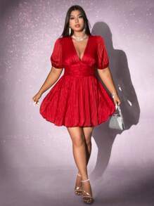 Viva Relle Plus Size Women's Solid Color Deep V Neck Puff Sleeve Mini Dress