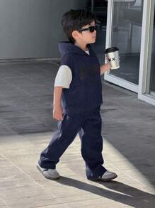 SHEIN Bộ 2 quần nỉ trùm đầu tay ngắn phong cách Hàn Quốc thời trang dạo phố cho bé trai và quần dài cạp chun co giãn màu trơn, thích hợp cho ngày tựu trường, sinh nhật, tiệc mừng em bé chào đời, tiệc ngày lễ, mọi mùa - Màu xanh hải quân - Xem 7