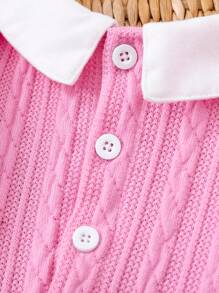 Baby Girl Infant Toddler 0-3 Years Old Spring/Summer Casual Sports Elegant Polo Dress, Textured Knit Puff Sleeve Peter Pan Collar, Dusty Rose & Peach - Pink - View 8