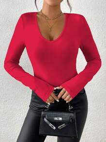 INAWLY Casual Versatile Solid Color Slim Fit Long Sleeve T-Shirt Fall Cloth For Women - Red - View 3