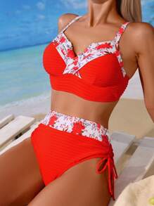 SHEIN Swim Women's Romantic Rose Printed Vacation Swimwear Set For Summer Beach Vacation - Red and White - View 1